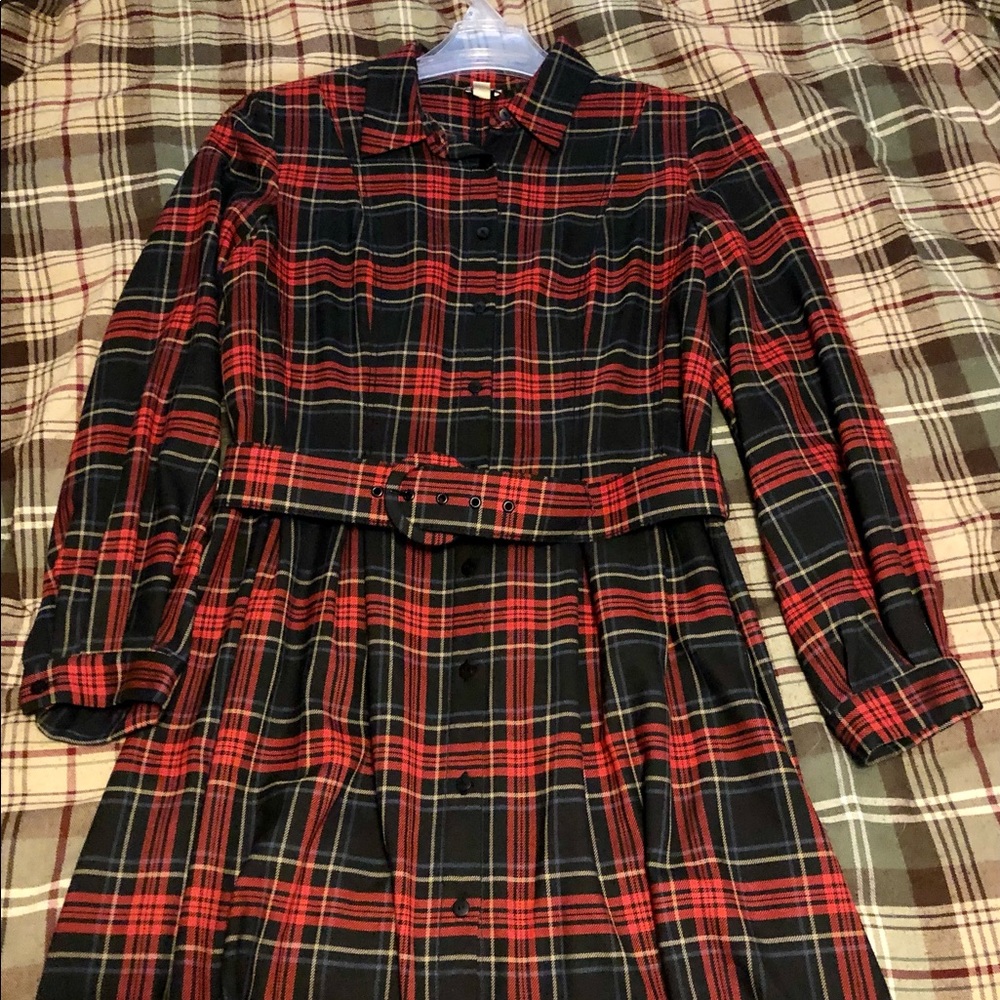 Plaid button down dress with belt